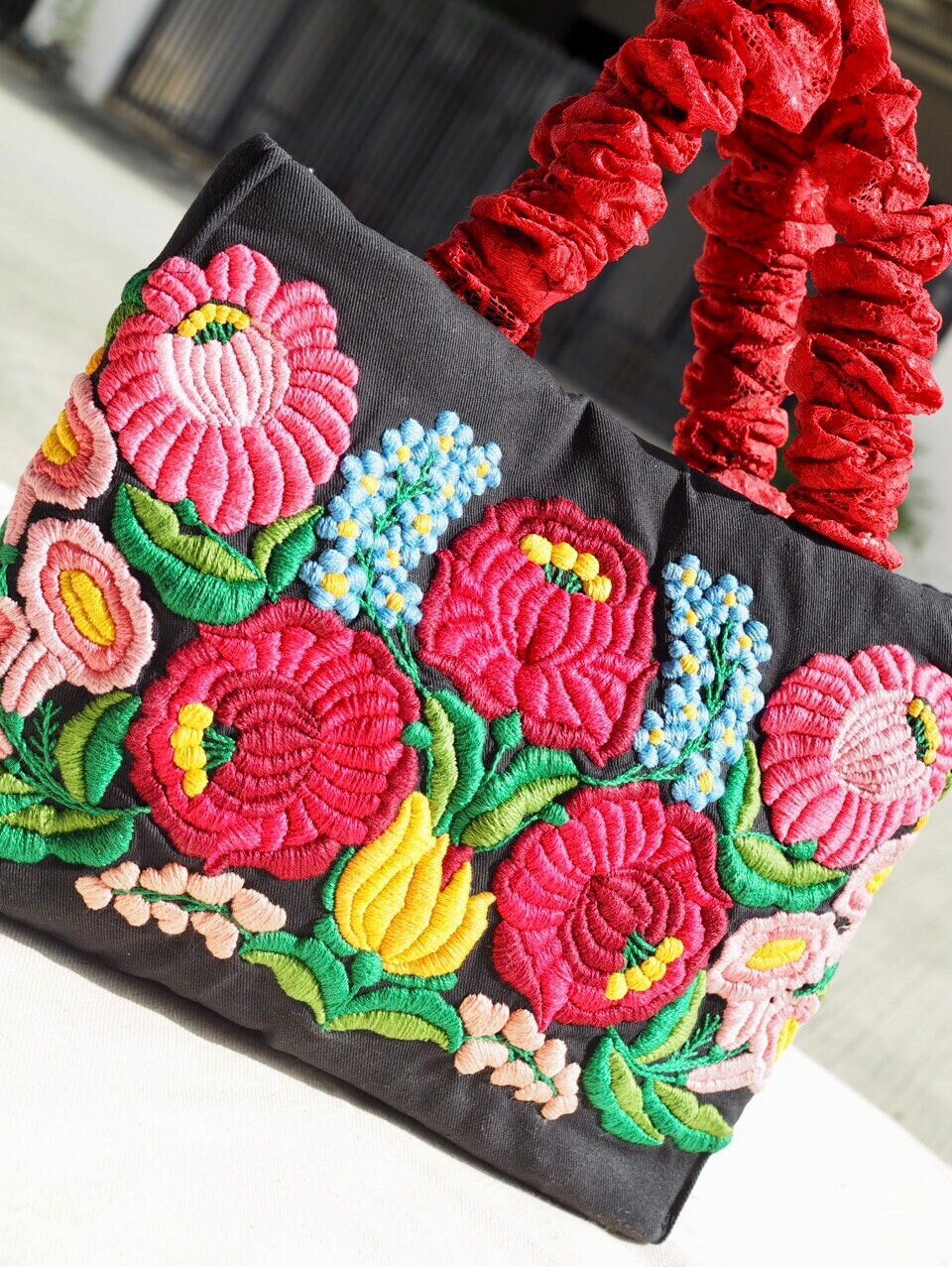 Hand-Embroidered Floral Scrunchie Tote Bag – Original Design, One of a Kind