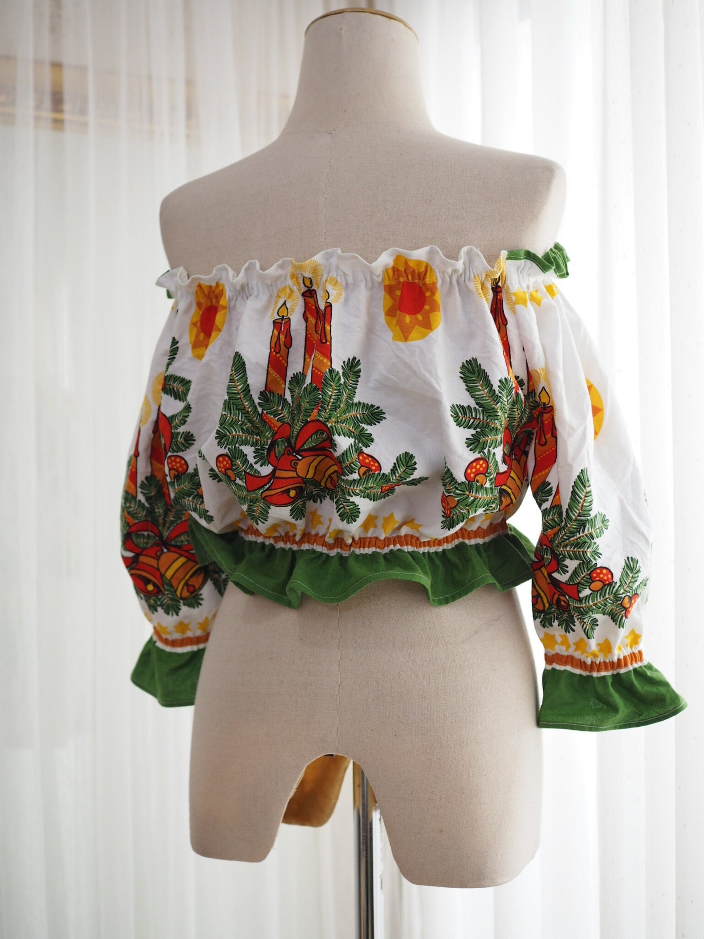 Upcycled Christmas Tablecloth Off-Shoulder Crop Top – One of a Kind