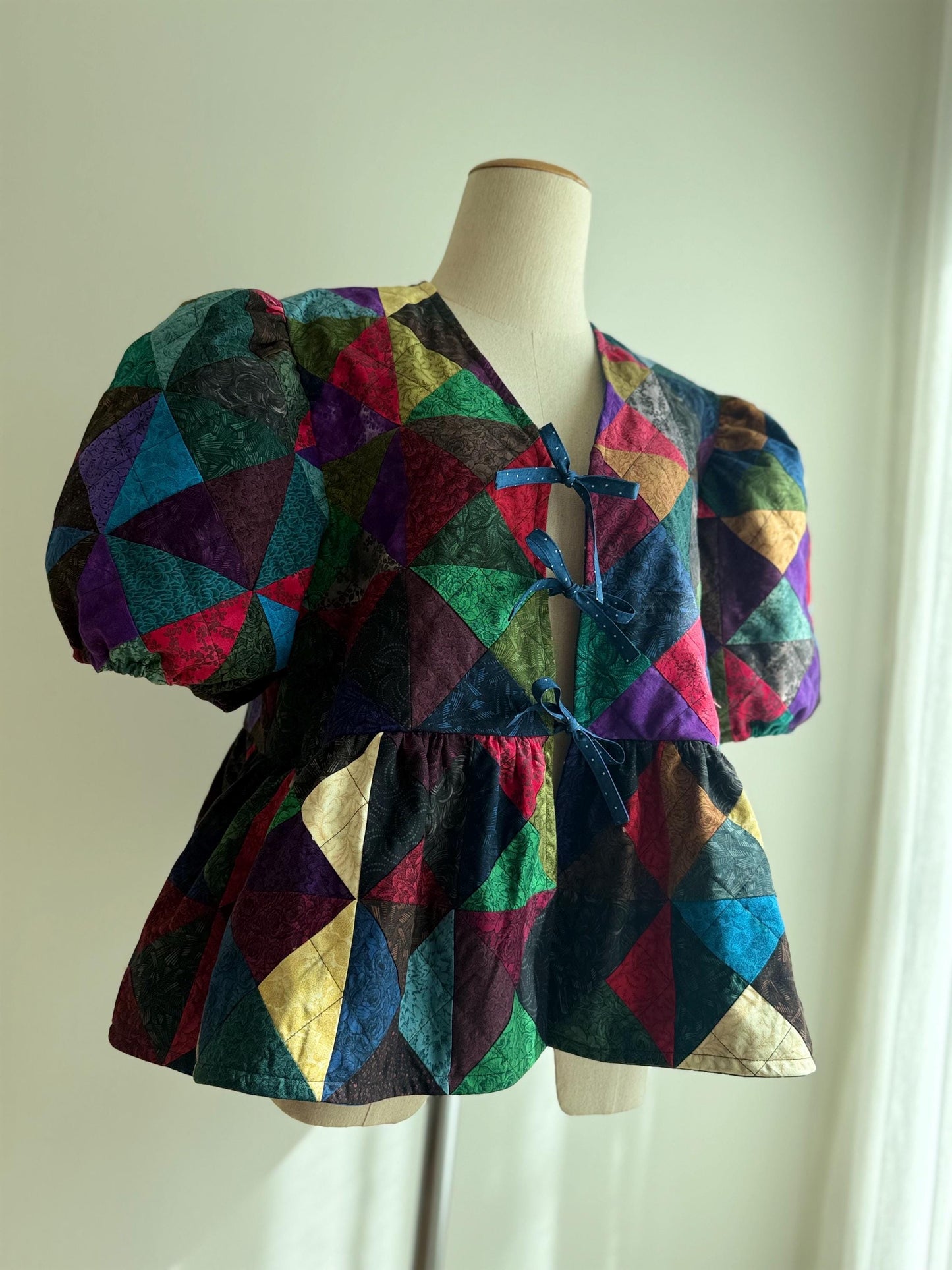 Handmade Patchwork Peplum Top – Puff Sleeve Cotton Blouse