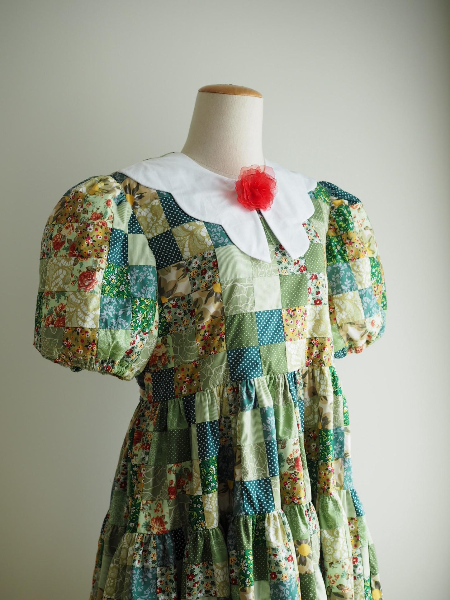 Green Floral Patchwork Babydoll Dress with White Collar – One of a Kind