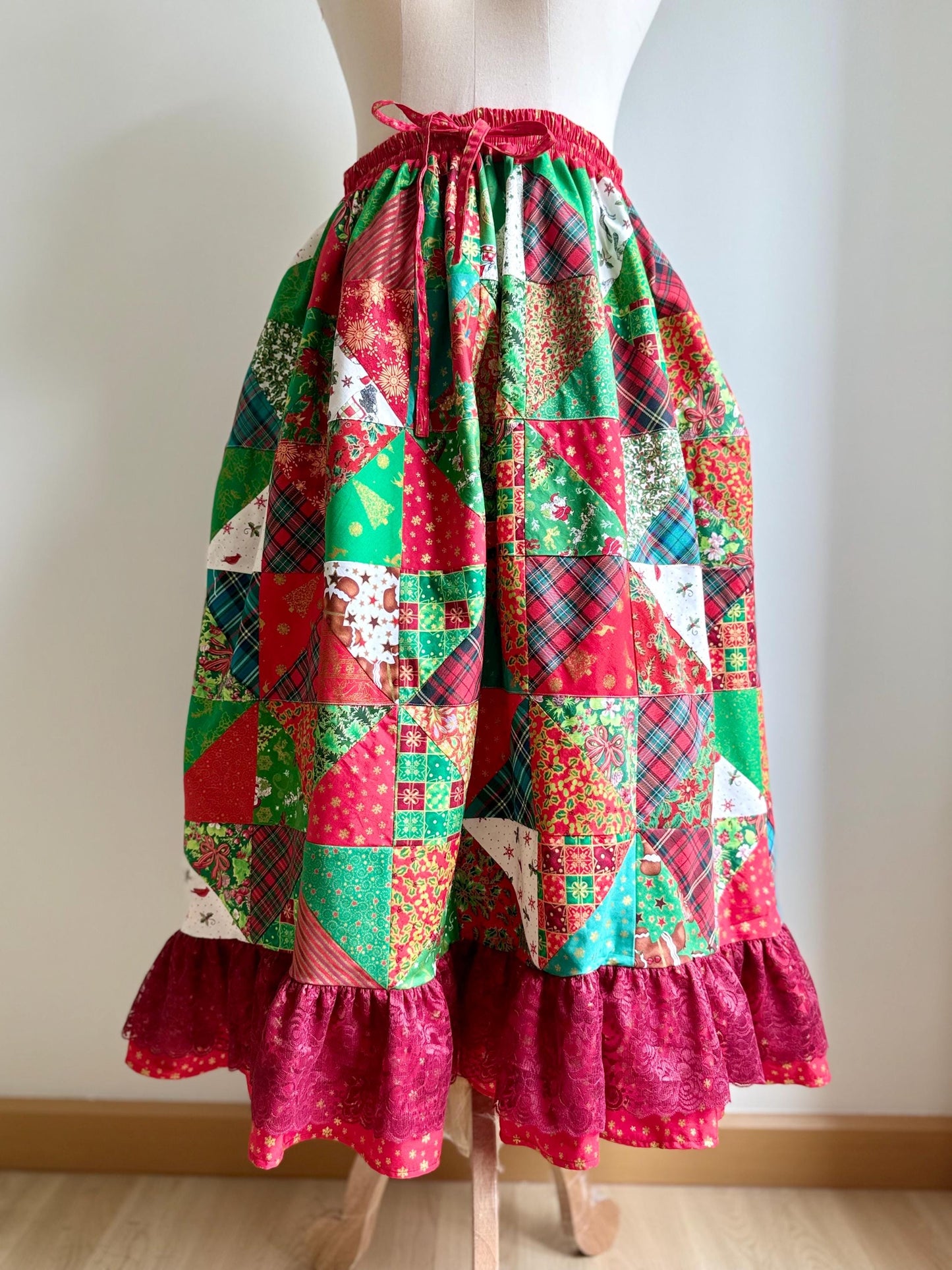 Handmade Christmas Patchwork Midi Skirt – Festive Cotton Skirt