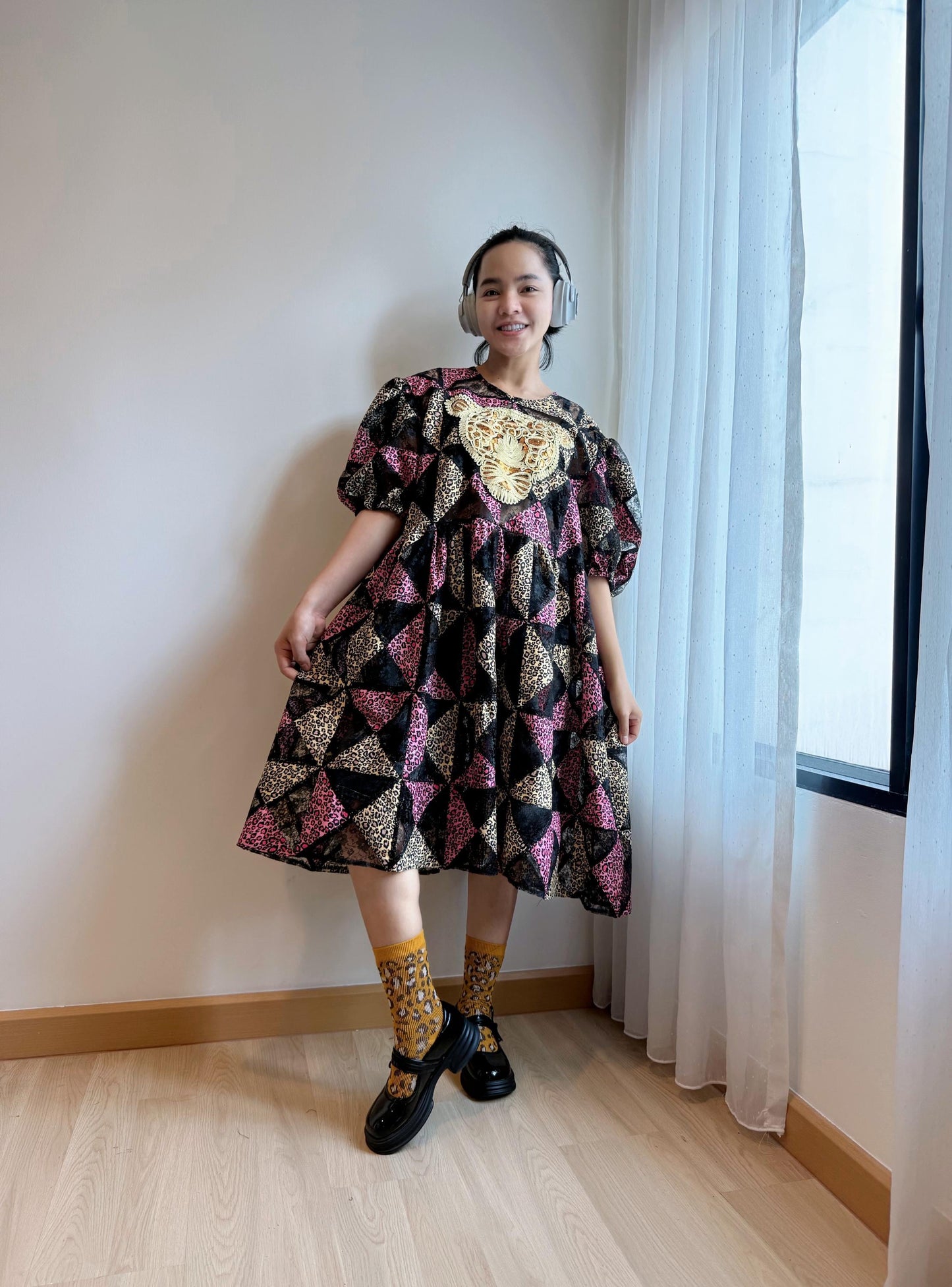 Pink Leopard Patchwork Babydoll Dress with Statement Appliqué – One of a Kind