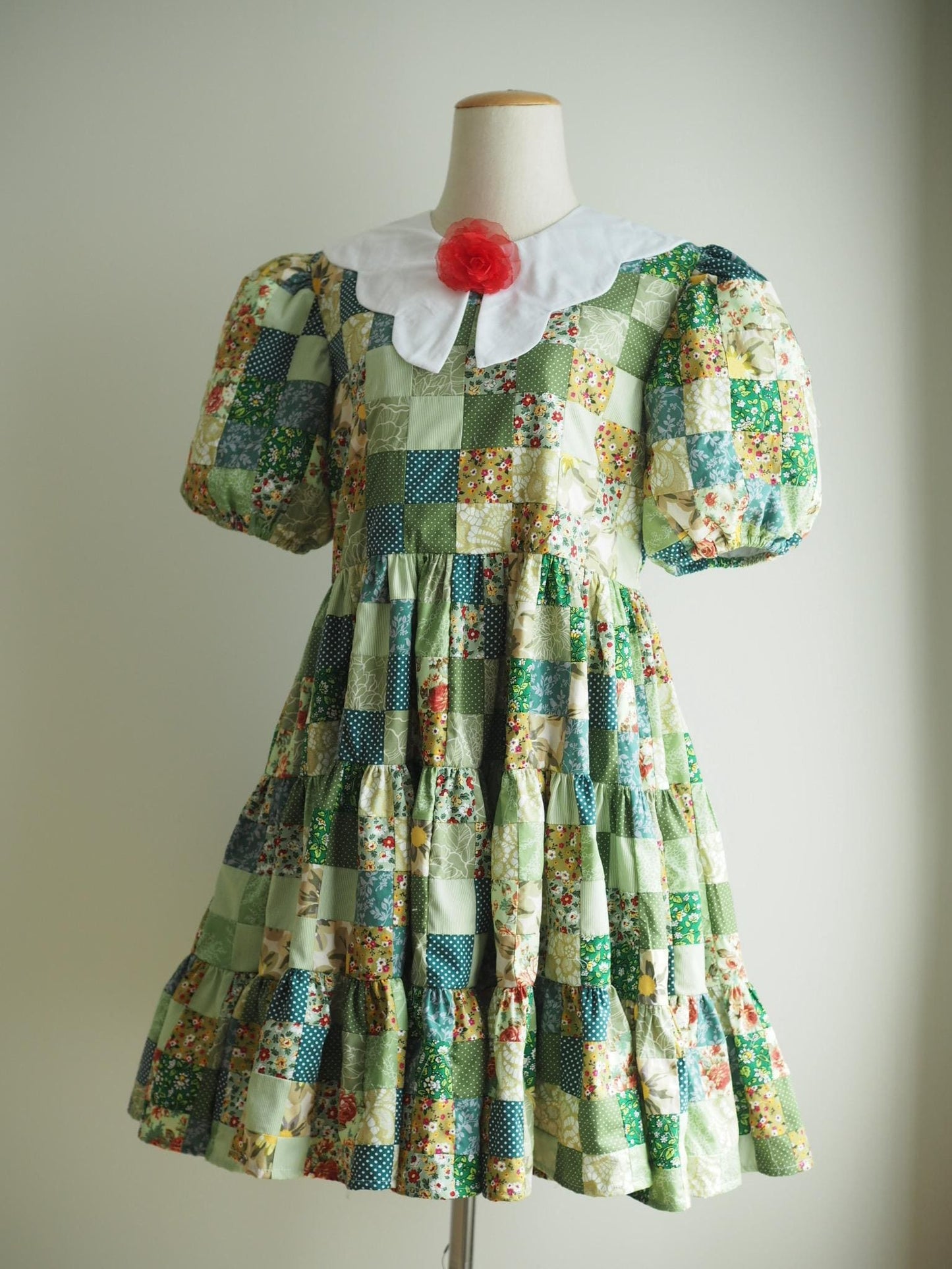 Green Floral Patchwork Babydoll Dress with White Collar – One of a Kind
