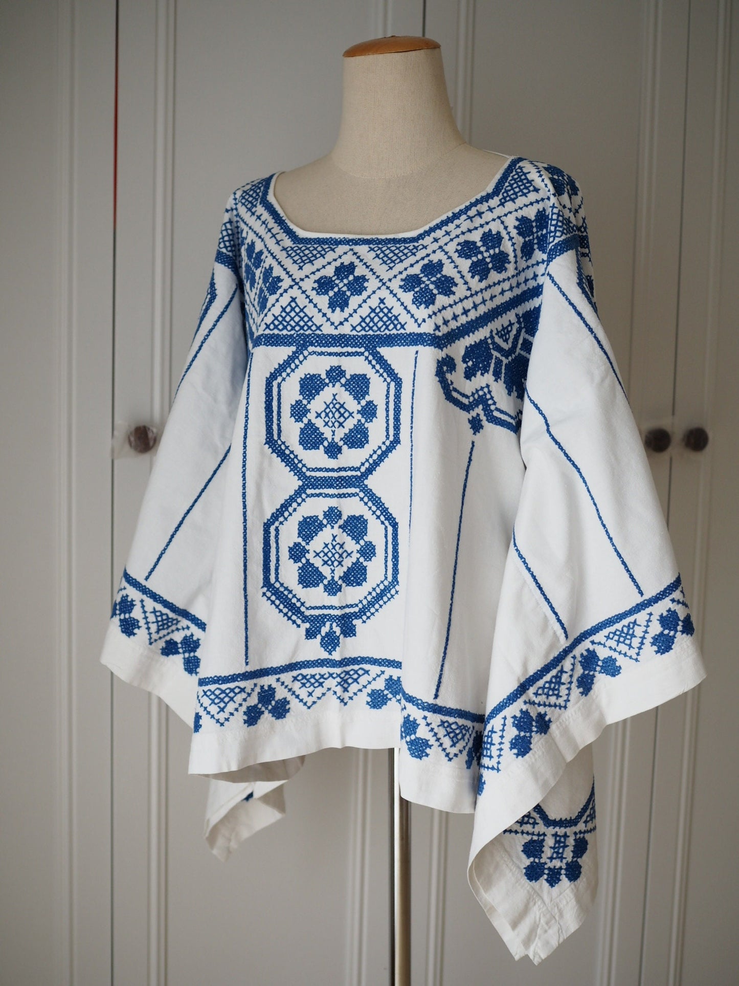 Upcycled Blue Cross-Stitch Linen Poncho Top – One of a Kind