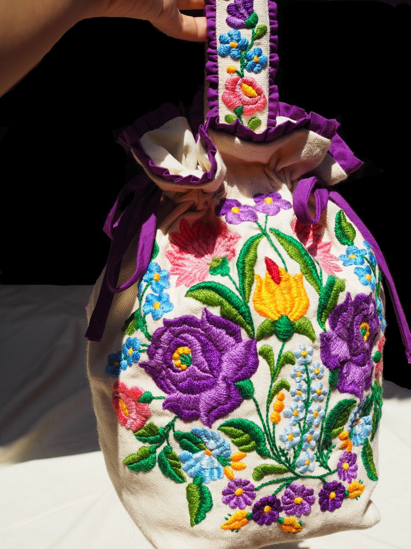 Hand-Embroidered Floral Drawstring Bag – Original Design, One of a Kind