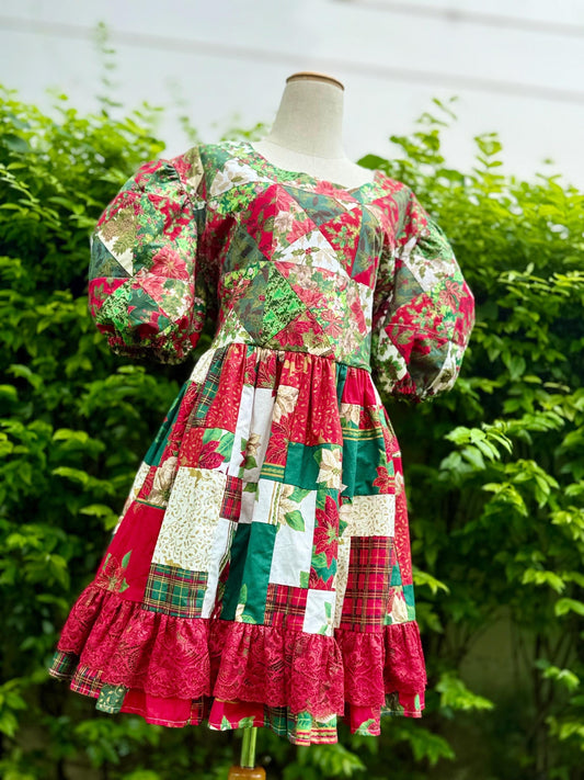 Red & Green Christmas Patchwork Babydoll Dress with Lace – One of a Kind