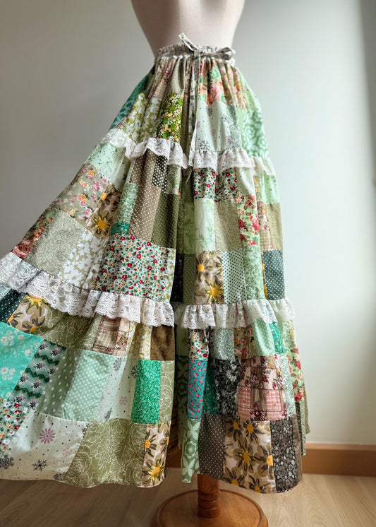 Handmade Green Floral Patchwork Maxi Skirt – Cotton Skirt with Lace Trim