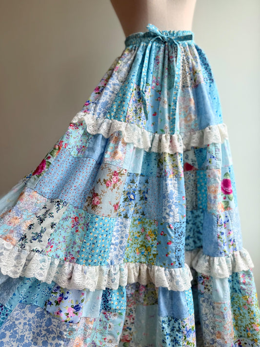 Handmade Blue Floral Patchwork Maxi Skirt – Cotton Skirt with Lace Trim