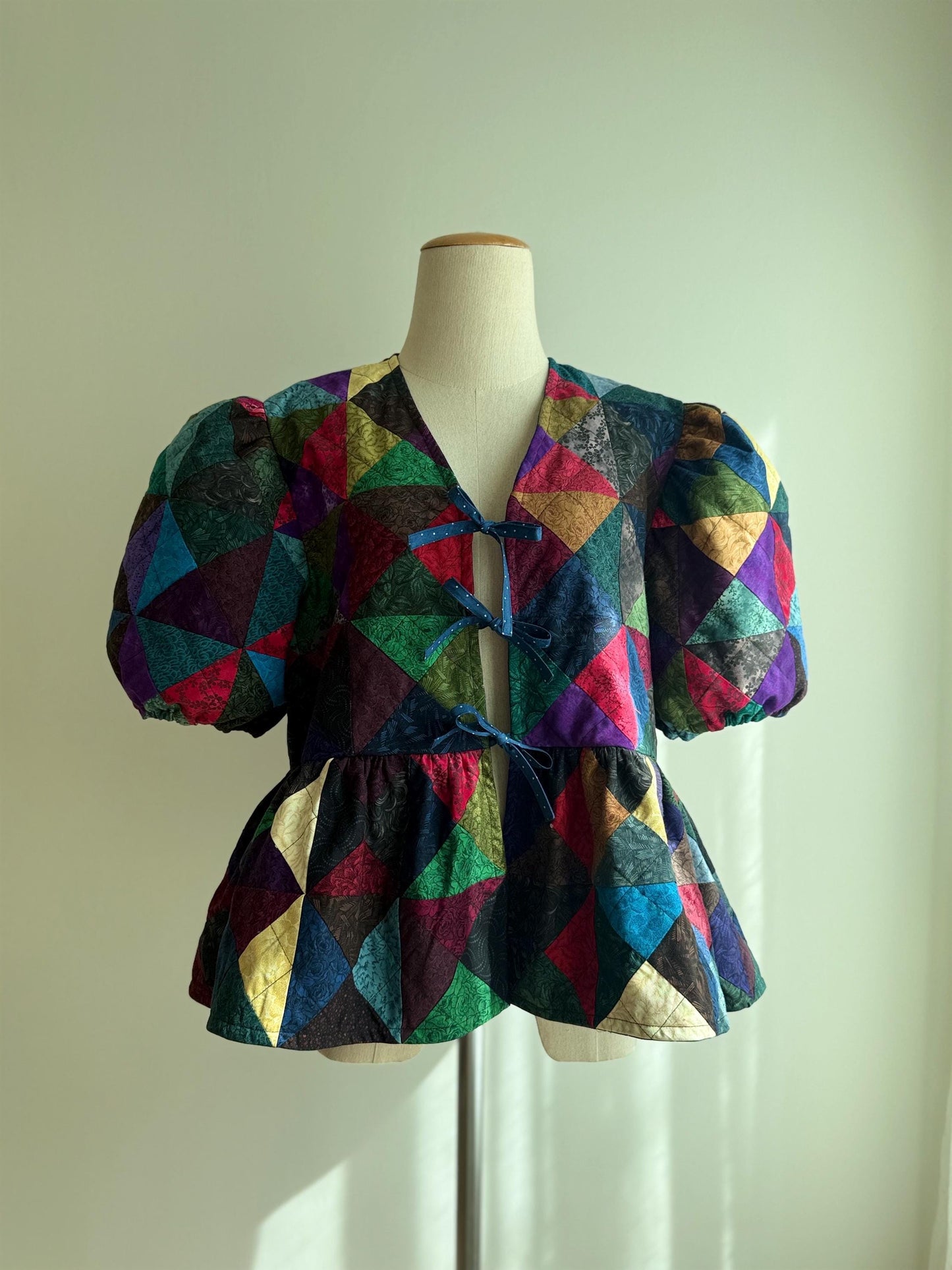 Handmade Patchwork Peplum Top – Puff Sleeve Cotton Blouse