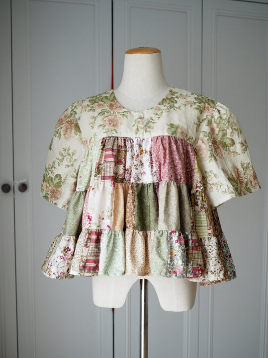 Handmade Floral Patchwork Babydoll Top – Cotton Tiered Blouse