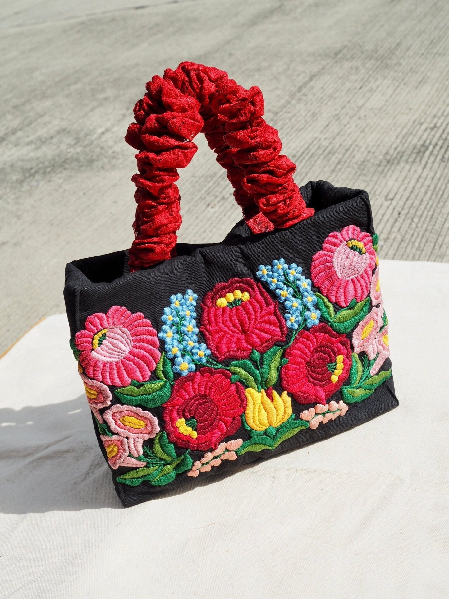 Hand-Embroidered Floral Scrunchie Tote Bag – Original Design, One of a Kind