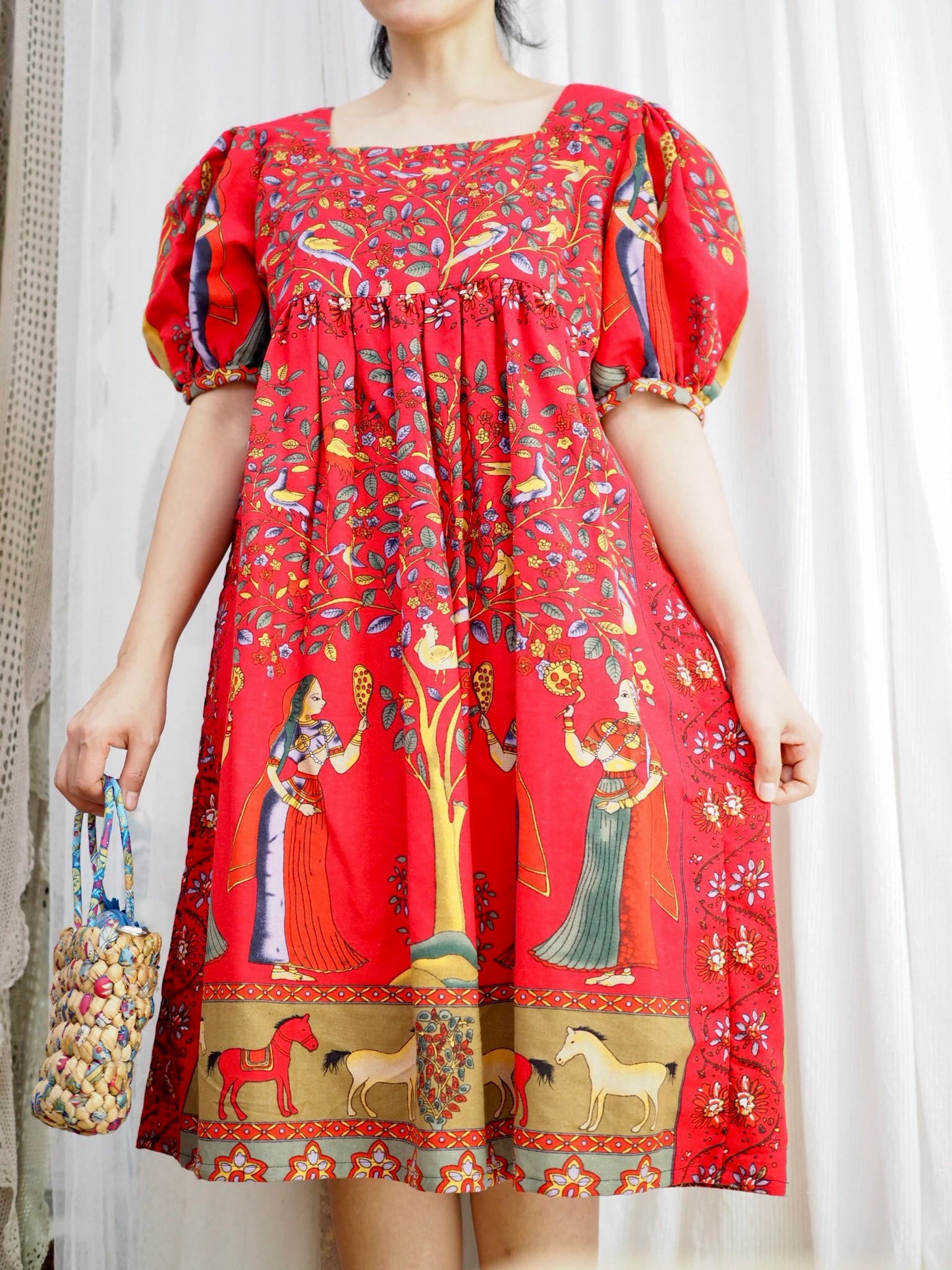 Summer Red bohemian woven cotton dress.