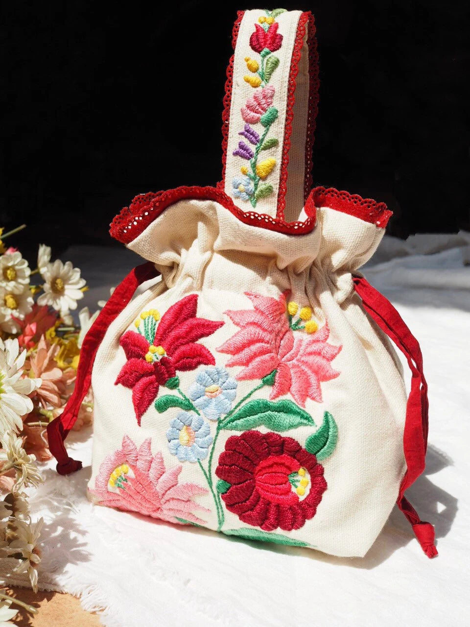 Drawstring bag Hand embroidered Kalocsa embroidery Hungarian tradition