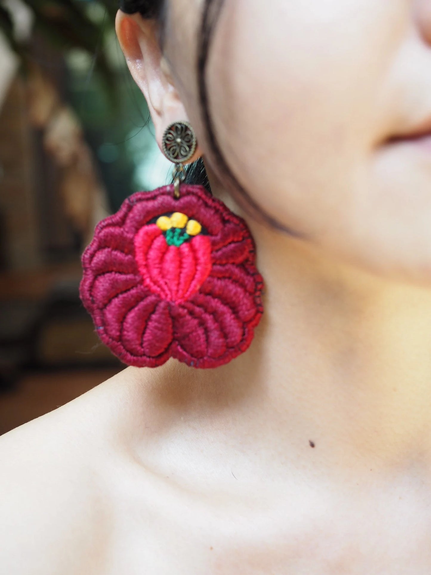 Flower Earrings, Hand Embroidered, Hungarian  Kalocsa, Hungarian Embroidery