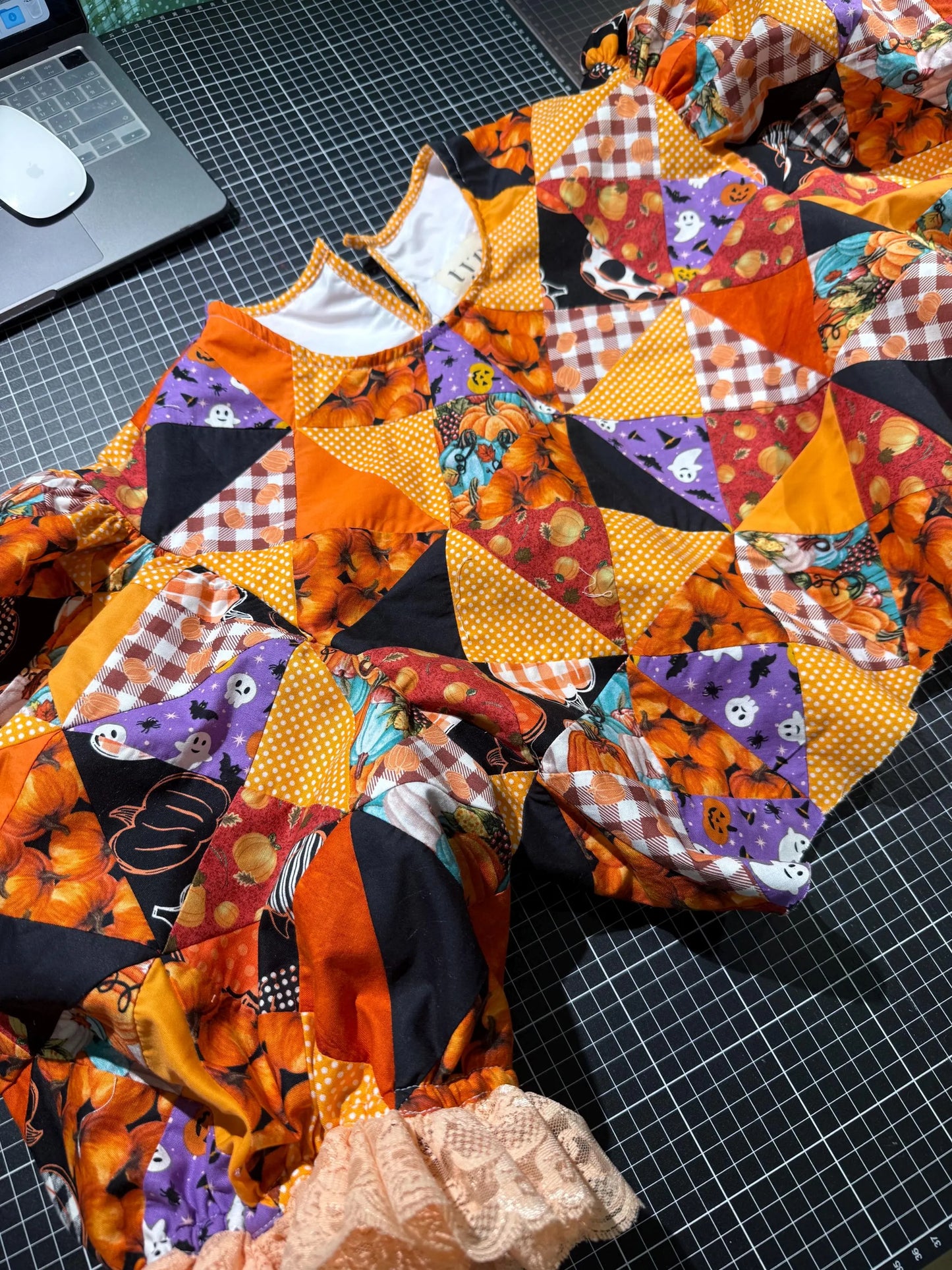Orange Halloween Patchwork Babydoll Midi Dress with Lace – One of a Kind